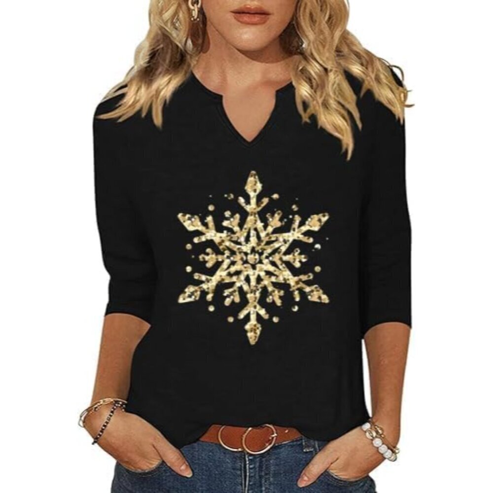 Women Christmas V-Neck Shirt Cotton Blend 3/4 Sleeve Holiday Vacation Top